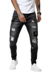 Linvich Slim Fit Ripped Black Jeans Mens Destroyed Fashion Washed Skinny Jeans with Patch Super Stretchy Denim Jeans