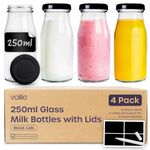 volila Glass Milk Bottles with Lids - 4 Pack x 250ml Glass Bottles with Lids, Labels, and Pen - Reusable Milk Bottle for Juices, Dressings, Sauces, Beverages, Decoration and Storage (Black Lid)