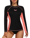 CharmLeaks Long Sleeve Rash Guard for Women Quick Dry Surfing Beach Wear UV Sun Shirt Black Coral Splice L