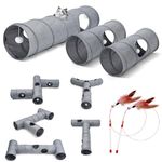 Odoland Large Cat Play Tunnels, 3 Straight Tunnel DIY Collapsible Cat Tunnels Toy Cool Linen Pet Tunnel Tube for Indoor Cat Puppy Kittens Rabbits with Interactive Feather Wand & Suspended Ball-110cm
