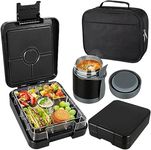 Pawtong Bento Lunch Box Set With 10oz Soup Thermo, Leak-proof Lunch Containers with 4 Compartment, Kids Hot Thermo Food Jar/Insulation Lunch Bag, Food Containers for School (Black)