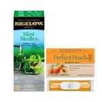 Bigelow Medicine Ball Cold Buster Tea Bundle by Foxtail Collective: 28 sachets Mint Medley and 20 sachets of Perfect Peach | Ten 100% Grade A Honey Straws | 6 Recipes, Custom Tote
