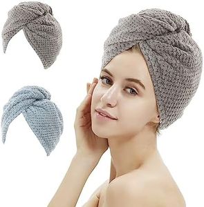 M-bestl 2 Pack Absorbent Microfiber Hair Towel Wrap,Anti-frizz Hair Drying Towel with Button to Dry Hair Quickly,25.6X9.8 inch (Gray&Blue)
