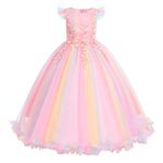 FYMNSI Flower Girl Dress Kids Wedding Junior Bridesmaid Lace Flower Embroidered Tulle Long Dress Flutter Sleeve Teenager Girls Evening Pageant Formal Occasion Dance Ball Prom Gown Rainbow 13-14 Years