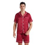 YUSHOW Mens Satin Pajama Set Button-Down Short Sleeve Top & Bottoms Silk Soft Sleepwear Classic 2 Piece Pjs Set Loungewear Wine Red