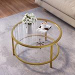 SAYGOER Round Glass Coffee Table 2 Tier Coffee Tables with Storage Shelf for Large or Small Space Modern Simple Center Table with Gold Frame for Living Room Home Office, Easy Assembly…, SGR1022-5