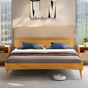 Bme Calista King Size Bed Frame – Solid Wood Platform Bed with Upholstered Headboard, Teak Brown Finish, Mid-Century Modern Style with Sturdy Slats & Tapered Legs, No Box Spring Needed