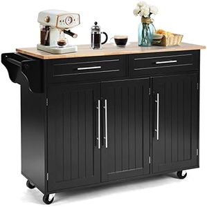 Giantex Mobile Kitchen Island Cart, Rolling Storage Trolley with Towel Bar, 2 Deep Drawers, 3 Door Cabinets, Swivel Casters, Rubber Wood Top, Ideal for Kitchen, Dining Room, Hotel, Restaurant, Cafe (Model 5 Black)