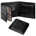 GSG Mens Cowhide Leather Wallets with Coin Pocket,17 Credit Card Slots, 2 Banknote Compartments Genuine Leather RFID Wallet Black