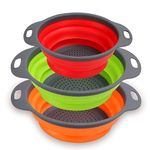 Collapsible Colander Set of 3 - Silicone Kitchen Strainers with Plastic Handles - 4 Quart & 2 Quart Sink Colander for Draining Pasta, Vegetables, Fruits (Green, Orange, Red)