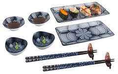 Artcome 10 Pcs Japanese Style Ceramic Sushi Plate Dinnerware Set for Wedding Housewarming - 2 Sushi Plates, 2 Sauce Dishes, 2 Snack Bowl, 2 Pairs of Chopsticks, 2 Chopsticks Holders, Dark Blue