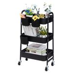 DOEWORKS 3-Tier Storage Cart Rolling Kitchen Trolley Cart, Metal Utility Shelves with Wheels for Room Makeup Bathroom Office, Black with 3 Cups