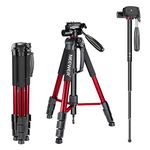 NEEWER Portable Camera Tripod for Travel Vlogging Recording, Aluminum Alloy 2 in 1 Tripod Monopod Max. 70" with 3 Way Swivel Pan Head and Carrying Bag for DSLR, DV Video Camcorder (SAB264, Red)