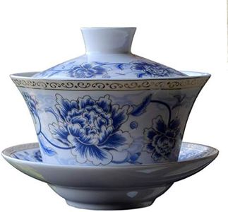 vv8oo Gaiwan Blue White Peony Gongfu Tea Ceramic Tureen Teacup Sancai Cover Bowl Lip Saucer Set for Coffee Tea Espresso (10 oz /300cc)