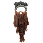 Xinqiao Men’s Viking w/Fake Beard Beanie Handmade Knit Funny Hats Pillager Horned Caps (Coffee Beard)