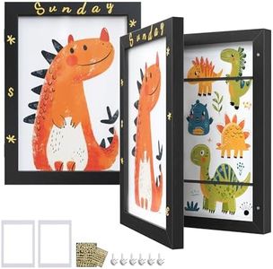 SONGMICS Kids Artwork Frames Changeable, Set of 2, A4, 8.5x11 Art Picture Frame Display for Room Decor, Each Storage up to 150 Drawings, with Mats, Stickers, Non-Trace Nails, MDF, Glass, Ash Black