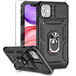 Teayoha Case for iPhone 11, with Screen Protectors and Camera Cover, Military Grade Shockproof Cover with Magnetic Rotatable Ring Kickstand Protective Case for iPhone 11 6.1-Inch,Black