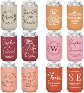 Custom Wedding Can Coolers for Guests Bulk, 50 Pack Personalized Multi-color Can Sleeves with Names Dates Quotes Monogram, Insulated Drink Holder for Wedding Engagement Party Favors, 12 oz Standard
