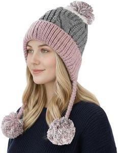 HUAMULAN Women Winter Sherpa Beanie Hats Knit Ear Flaps Peruvian Cover Ears Warm Fleece Lined Ski Snow Hat 3 Pompom