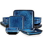 vancasso Dinner Sets, Square Reactive Glaze Crockery Set, 16-Piece Ceramic Plates and Bowls Set with Dinner Plate, Dessert Plate, Bowl and Soup Plate. Vintage Blue Look, Service for 4