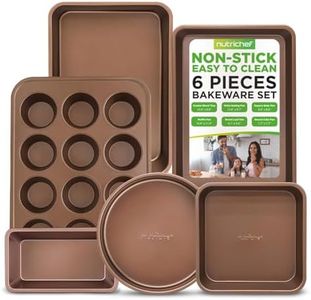 NutriChef 6-Piece Nonstick Bakeware Set - Premium Carbon Steel Baking Pans - Includes Cookie Sheets, Square & Round Roasting Pans, 12-Cup Muffin & Loaf Pan - Easy to Clean, Gold
