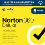 Norton 360 Deluxe – Antivirus software for 5 Devices with Auto Renewal - Includes VPN, PC Cloud Backup & Dark Web Monitoring Powered by LifeLock [Download]