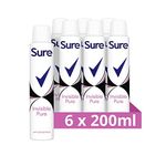 Sure Invisible Pure Anti-Perspirant Aerosol deodorant for women that protects against white marks and yellow stains for 48-hour sweat and odour protection 6x 200 ml