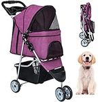 BestPet 3 Wheels Pet Stroller Dog Cat Jogger Stroller for Medium Small Dogs Cats Folding Lightweight Travel Stroller with Cup Holder,Purple