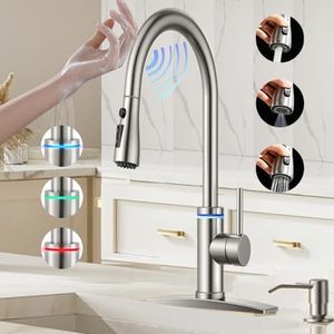 VIDEC Touch On Kitchen Faucet, 3 Modes Pull Down Sprayer, Touch On Sensor Activated, LED Temperature Control, 360-Degree Rotation,1 or 3 Hole Deck Plate. 10-Year Warranty.(Brushed Nickel, KW-70SN)