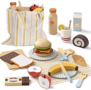 Lehoo Castle Play Food, Pretend Wooden Role Play Food Set 21 Pcs, Cutting Fruit Dessert, Kitchen Accessories Cutting Food Toys for Kids Ages 3+