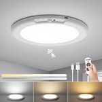 Combuh Rechargeable Motion Sensor Ceiling Light LED, 7.5-inch USB Battery Powered Bathroom Light Ceiling with Remote Timer, 3000K~6500K Dimmable Pir Ceiling Lamp Flush for Hallway Garage Stair Porch