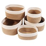 Otoomenz Woven Cotton Rope Storage Basket, 5PCS Shelf Baskets with Handles,Toy Basket Storage Baby Storage Organiser Bathroom Storage Baskets for Make up Cupboard Drawer Closet Shelf Deco (Brown)