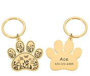 Adornkeys Floral Paw Dog Tag Personalized,Butterfly Wildflower Cat Tag,Engraved Name Number,Custom Pet id Tag,Stainless Steel Dog Tag for Dog Collar… (Gold Paw Tag)