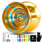 MAGICYOYO N11 Golden Blue Professional Unresponsive Yoyo Alloy Aluminum YoYo Ball with Bag, Glove and 12 Yoyo Strings, Responsive Bearing Kit for Dual Purpose Use