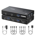 UGREEN HDMI KVM Switch, USB 3.0 KVM Switches Support 4K@60Hz for 2 PC Share 1 Monitor and Keyboard/Mouse/Hard Drives/Printer, 4 Port HDMI KVM Switcher with Power Adapter and Desktop Controller