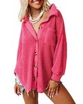 Dokotoo Womens Oversized Long Sleeve Button Up Pocket Shirts Ladies Loose Fit Waffle Knit V Neck Solid Color Tunic Blouse Tops Hot Pink Medium