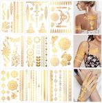 Konsait 9 Sheets Metallic Tattoos, Elaborate Floral Elephant Patterns Metallic Temporary Tattoos for Women Girls, Gold Tattoos for Parties Makeup Cosplay Festival Accessories