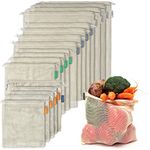 17 Reusable Cotton Mesh Produce Bags - 100% Organic Cotton, Durable, Double Stitched, Washable with Tare Weight & Drawstring - Mesh Bags for Grocery Shopping, Vegetables & Fruits, produce bgs 4 sizes