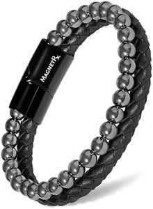 MagnetRX® Hematite & Leather Magnetic Therapy Bracelet - MAX Strength Natural Pain Relief and Healing Stones - Beaded Magnetic Hematite Bracelets (Small)