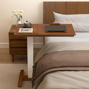 Adjustable Solid Wood End Table with Storage, Narrow Side Table with Drawer and Shelf, Slim Bedside Table Overbed Table with Wheels for Small Spaces, Nightstand for Bedroom, Living Room, Sofa Couch