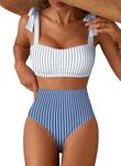 Herseas Women's Bikini Sets 2 Piece Plus Size Swim Suits 2026 Shoulder Strap Knot Removable Pads High Waisted Tummy Control Bathing Suits Girls Beach Vacation Outfits Stripes Blue XX-Large