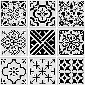 9 Pieces Floor Painting Stencils Large Tile Stencils Wall Drawing Pattern Templates Floor Stencils Kit in 9 Styles for Painting Linoleum Floor Wall Wood Tiles Cement Decor (Simple Style,4 x 4 Inch)