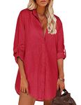 Hotouch Women Linen Shirt Dress Collared Shirt Women Beach Cover Up Shirt Linen Tops, Red S