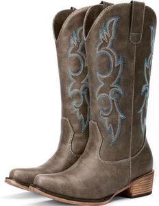 Choiran Cowboy Boots for Women - Mid Calf Cowgirl Boots Western Chunky Heel Pointed Toe Boot with Retro Embroidery, Country Concert Outfit Essentials for Rodeo Festival Dark Brown US 9.5