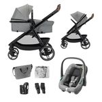 Maxi COSI Zelia Select Trio, Baby Stroller 3 in 1 with Car Seat, 0-4 Years (0-22 kg), One-Hand Fold, Compact and Reversible Pushchair Travel System, with CabrioFix S i-Size Baby Car Seat, Grey