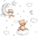 Set of 2 Cartoon Cute Bear Moon and Stars Wall Stickers PVC Stick Wall Sticker Mural Removable Self-Adhesive Wall Decal for Kids Baby Room Bedroom Nursery Playroom Home Decor