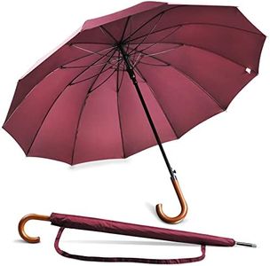 NINEMAX Ombrello Grande Antivento Robusto,Ombrello Pioggia Classico Lungo Elegante,Manopola in Legno Curva,12 Portaombrelli Rinforzati, (Borgogna)