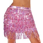 Monbessi Sequin Skirt for Women Cute Tassel Belly Dance Skirt Glitter Skirt for Women and Girls Festival Dance Performance (Pink)