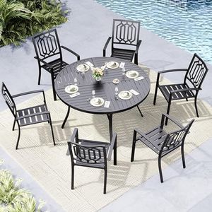 MFSTUDIO 7 Pieces Metal Patio Dining Set, 54" Round Iron Table with 1.75" Umbrella Hole and 6 Stackable Outdoor Metal Mesh Chairs, Hexagon Pattern