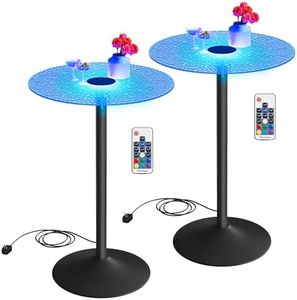 VASAGLE Bar Tables, Set of 2 Round Cocktail Tables with Multi-Colored Lights and Glass Tops, Large Steel Base, 41.3 Inches Tall Pub Tables for Kitchen, Bistro, Parties, Cloud White and Ink Black